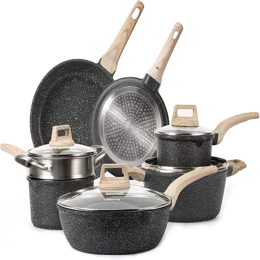 Nonstick Pots and Pans Set; 11 Pcs Granite Stone Kitchen Cookware Sets (Black)