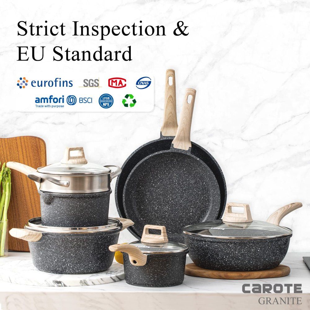 Nonstick Pots and Pans Set; 11 Pcs Granite Stone Kitchen Cookware Sets (Black)