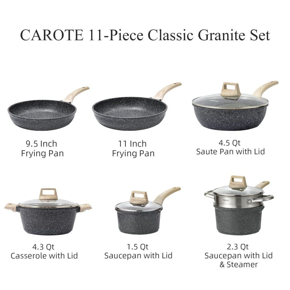 Nonstick Pots and Pans Set; 11 Pcs Granite Stone Kitchen Cookware Sets (Black)