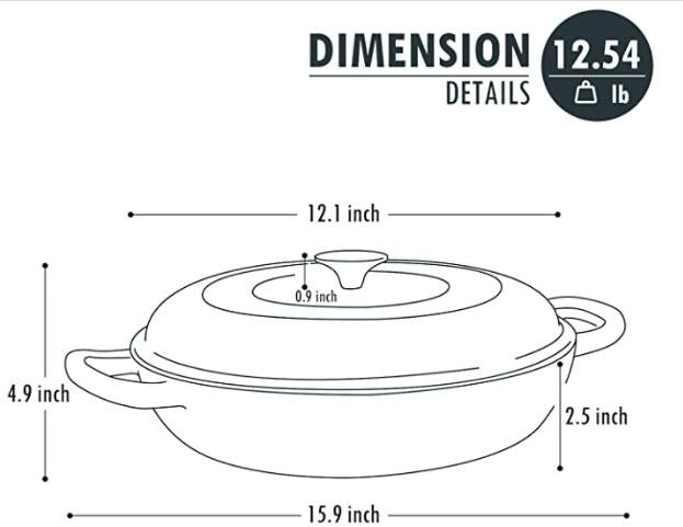 COOKWIN Cast Iron Casserole Braiser; 3.8 Quart; Heavy Duty Casserole Skillet with Lid and Dual Handles; Porcelain Enameled Surface Cookware Pot