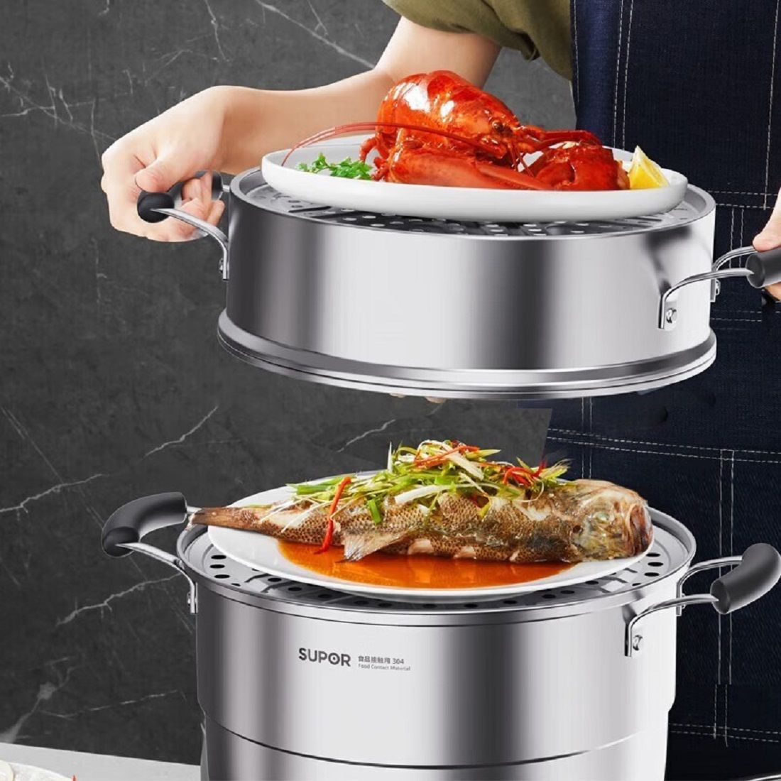 Steamer 304 Stainless Steel Pot Qiaoyi Take Thickened Stovetop Universal Steamer Steamer Drawer Household Steam Fish Pot Steamed Buns Pot SZ30VA1 Three layer 30cm Visible Cover Composite Bottom